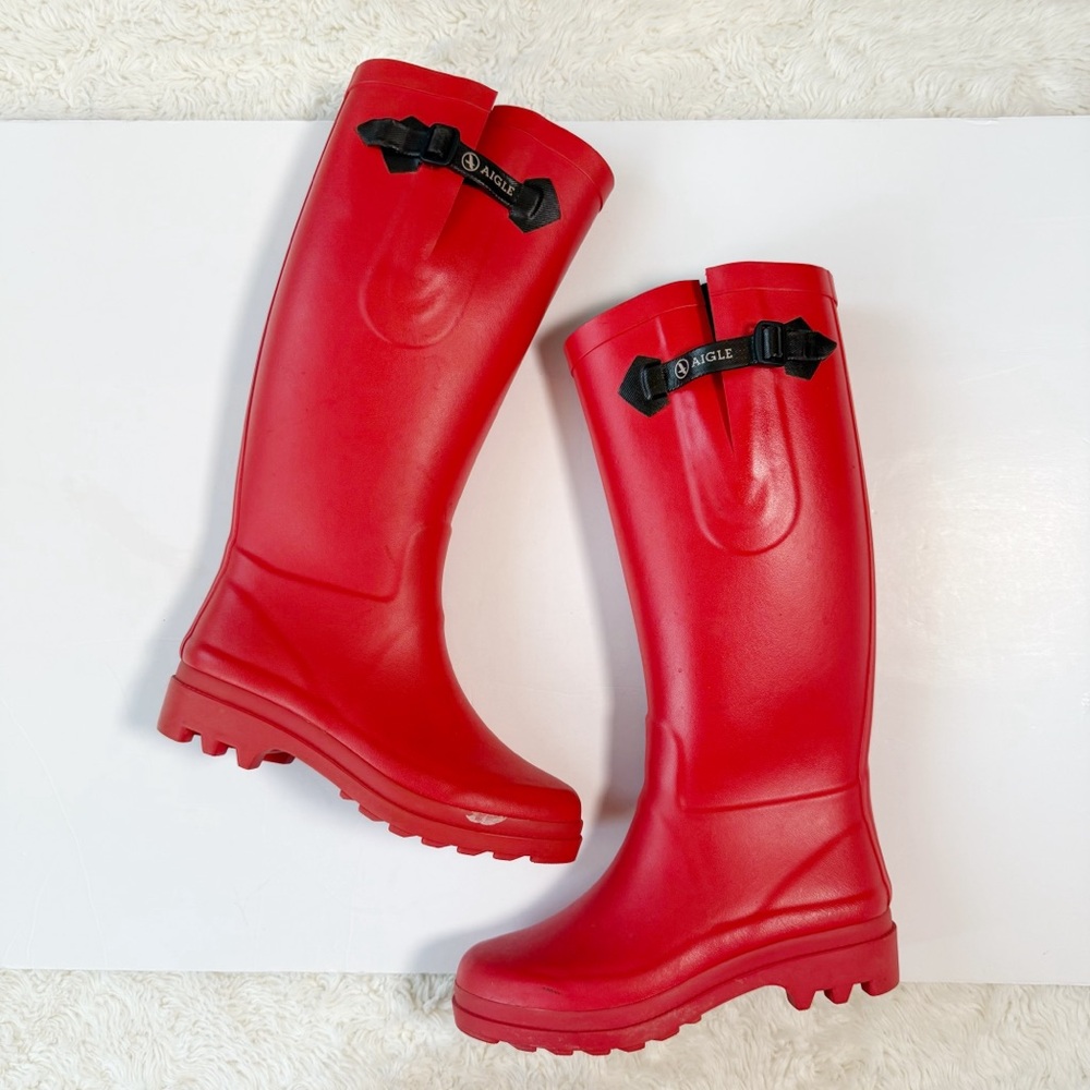 Aigle Woman Red Equestrian Rubber Tall Rain Boots EU36 Classic Country Folk - Picture 4 of 8
